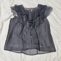 【値下げ】VIS シアーフリルノースリーブブラウス　チャコール