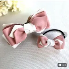 親子リボン　シャビーピンクアイボリーミルフィーユ　バナナクリップとキッズ