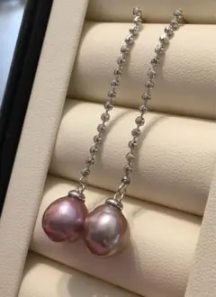 【セール】大粒淡水有核パール　パープル真珠　ピアス