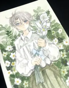 アナログ 水彩 手描き ハガキサイズ オリジナル 白い花
