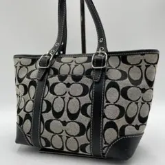 良品 COACH トートバッグ キャンバス レザー ブラック シグネチャー