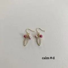 【477】スワロフスキーパール ピンク 楕円フープ ゴールド ピアス イヤリング