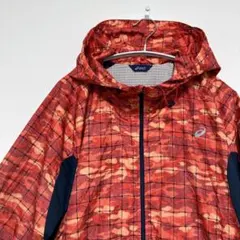 アシックス フード付ランニングジャケット 迷彩 レッド Oサイズ