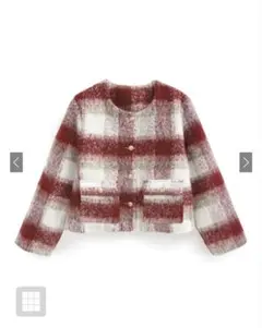 GRL 赤白チェック柄シャギージャケット ノーカラージャケットgn358