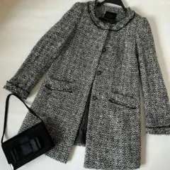 ユニクロ ノーカラー ツィード コート ジャケット ロング Aライン 白黒