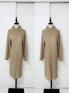 ベージュ リブ編み ハイネックドレス / Brown dress