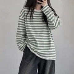 ボーダー柄 長袖カットソー グリーン系