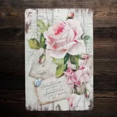 ピンクローズのブリキ看板　20㎝×３０㎝　クラシックローズ　薔薇模様　新品