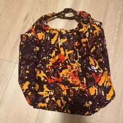 エコバッグ オレンジ 黒 アフリカ布　アフリカンファブリック
