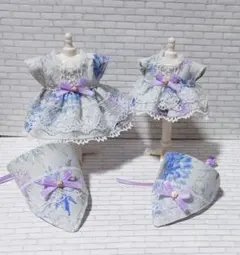 ハンドメイド　ミニチュアドール服　お母さん女の子　ドライフラワー✕ブルーグレー