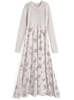 リボンベルト付きニットドッキング花柄ワンピース