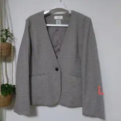 【美品】インデックス　ノーカラージャケット　チェック　千鳥格子　Vネック　L