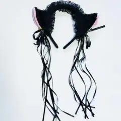猫耳　カチューシャ　ブラック　鈴付き　フリルレース