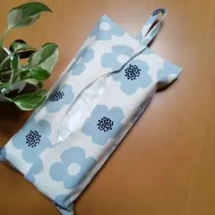 ティッシュケースカバー　北欧花柄　ブルーグレー
