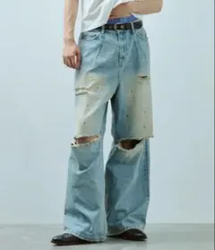 ダメージ加工 ワイドレッグデニムパンツ
