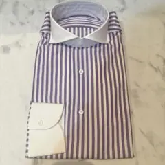 【未使用】鎌倉シャツ ドレスシャツ 紫と白のストライプ長袖シャツ
