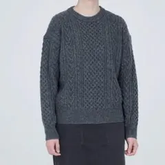 【無印良品】メリノウールケーブル柄　クルーネックセーター　チャコールグレー　L