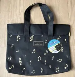 トートバッグはっ水　音符柄　黒　楽譜