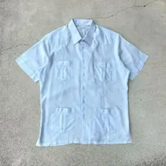 希少◎ヴィンテージ古着90sキューバシャツ半袖プリーツXL水色アイスブルー