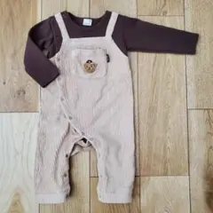 プティマイン　クマアップリケ　サロペ風カバーオール　ベージュ　80