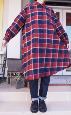 bulle de savon ビュルデサボン 赤紺 チェック柄シャツワンピース