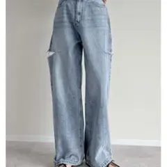 サイドスリットワイドストレートコットンデニムパンツ　ブルー