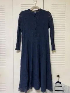 ネイビー 総レース　綺麗め　ボタン　ワンピース 7部丈