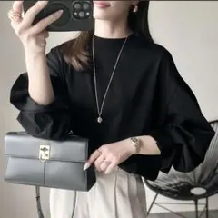 微光沢仕立てシルケット加工ハイネック　キャンディスリーブ　Tシャツ　長袖