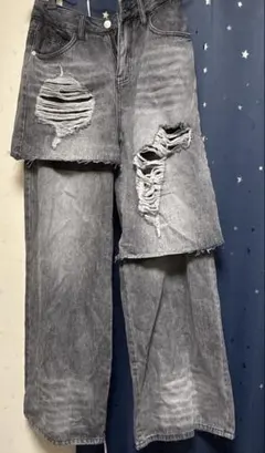 TRIFLE ダメージ加工 グレー ワイドレッグデニム