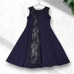 Aライン フォーマルワンピース　ネイビー ノースリーブ レースパネル　S相当