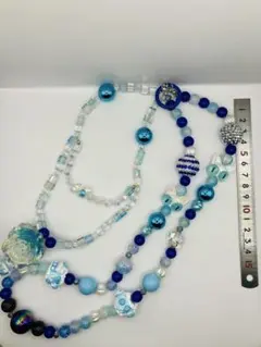 ビーズストラップ バラ 超ロング バッグチャーム ブルー 猫 キラキラ