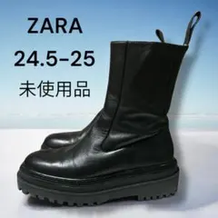 ZARA黒 レザー サイドジッパー付き 厚底ショートブーツ/38未使用品