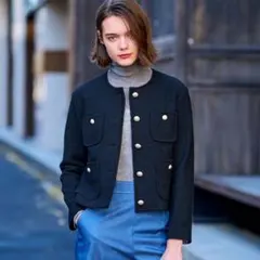 DRESSTERRIOR ツイードノーカラージャケット 34 ホワイト美品 セレモニー】オケージョンツイードジャケット （ノーカラー