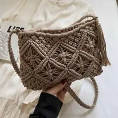 ボヘミアン調 編み込み ショルダーバッグ 茶色 ブラウン
