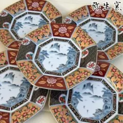 有田焼　弥生窯　金彩古伊万里　八角皿　5枚セット　銘々皿　間取染付山水　色絵中皿