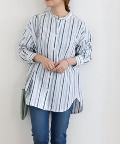 SHIPS any:〈ウォッシャブル〉 バンドカラー ストライプ シャツ