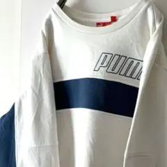 プーマ PUMA ロゴ刺繍 ライン スウェット L ホワイト 白 古着
