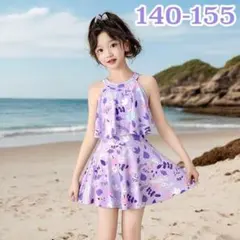 140−155 女の子　薄紫色 花柄 セパレート水着帽子　3点セット　h5