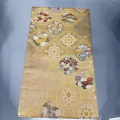 PD62 六通袋帯 本金箔 天井四季花 華文 刺繡 金糸 金色正絹