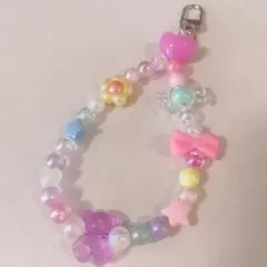 パステルゆめかわスマホストラップチャームキーホルダーくまハート花リボン虹色