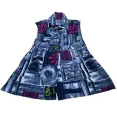 レトロ 花柄 ノースリーブ ベスト おしゃれ 幾何学 サイズM-L グレー系