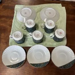 青色　花柄　カップ　ソーサー　セット　九谷焼　美山　5客