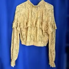 レースブラウス マスタードイエロー 透け感 後ろリボン