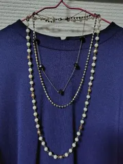 多層ロングネックレス ホワイト ゴールド ブラック