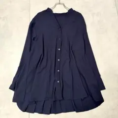 【美品】プラステのバッグプリーツのブラウス スキッパー襟 M ネイビー