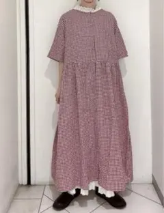 サマンサモスモス　ギンガムチェックワンピース　ボタンダウン　コットン　リネン　赤