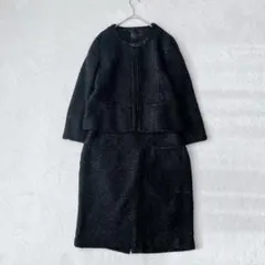 イエッカヴェッカ|ラメツイードスカートセットアップ　ノーカラー　ビジュー　黒