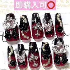 ネイルチップ現品オーダー量産型フレンチガーリー韓国ワンホン地雷系うさぎ赤黒リボン