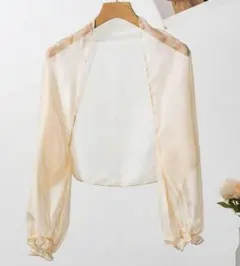 ベージュ薄手シフォンマントールショールストール結婚式ドレスボレロ長袖携帯用袋付