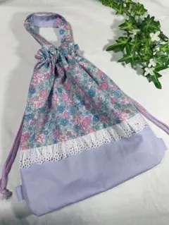 58.着替袋　体操服袋　ハンドメイド　巾着　花柄　紫